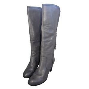 Grey Leather Knee High Boots Quilted Block Heel Zip Up Women Chic Minimalist US9